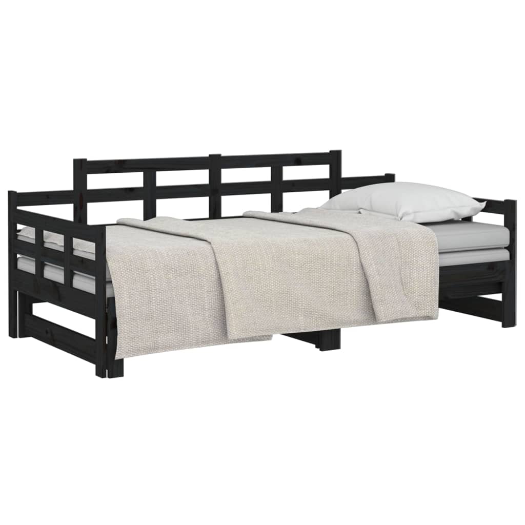 Pull-out Day Bed Black Solid Wood Pine 2x(92x187) cm Single Size