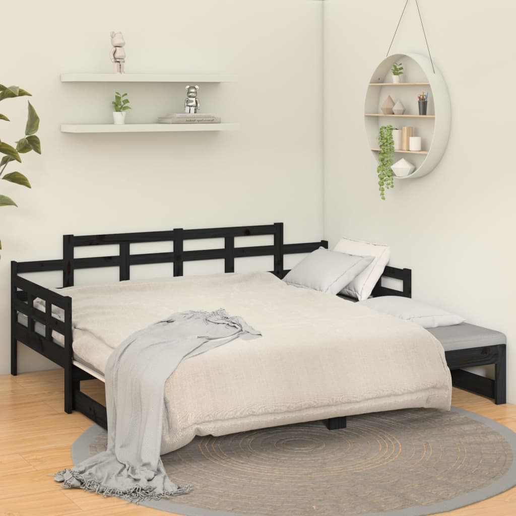 Pull-out Day Bed Black Solid Wood Pine 2x(92x187) cm Single Size