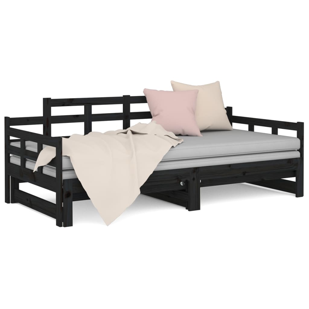 Pull-out Day Bed Black Solid Wood Pine 2x(92x187) cm Single Size