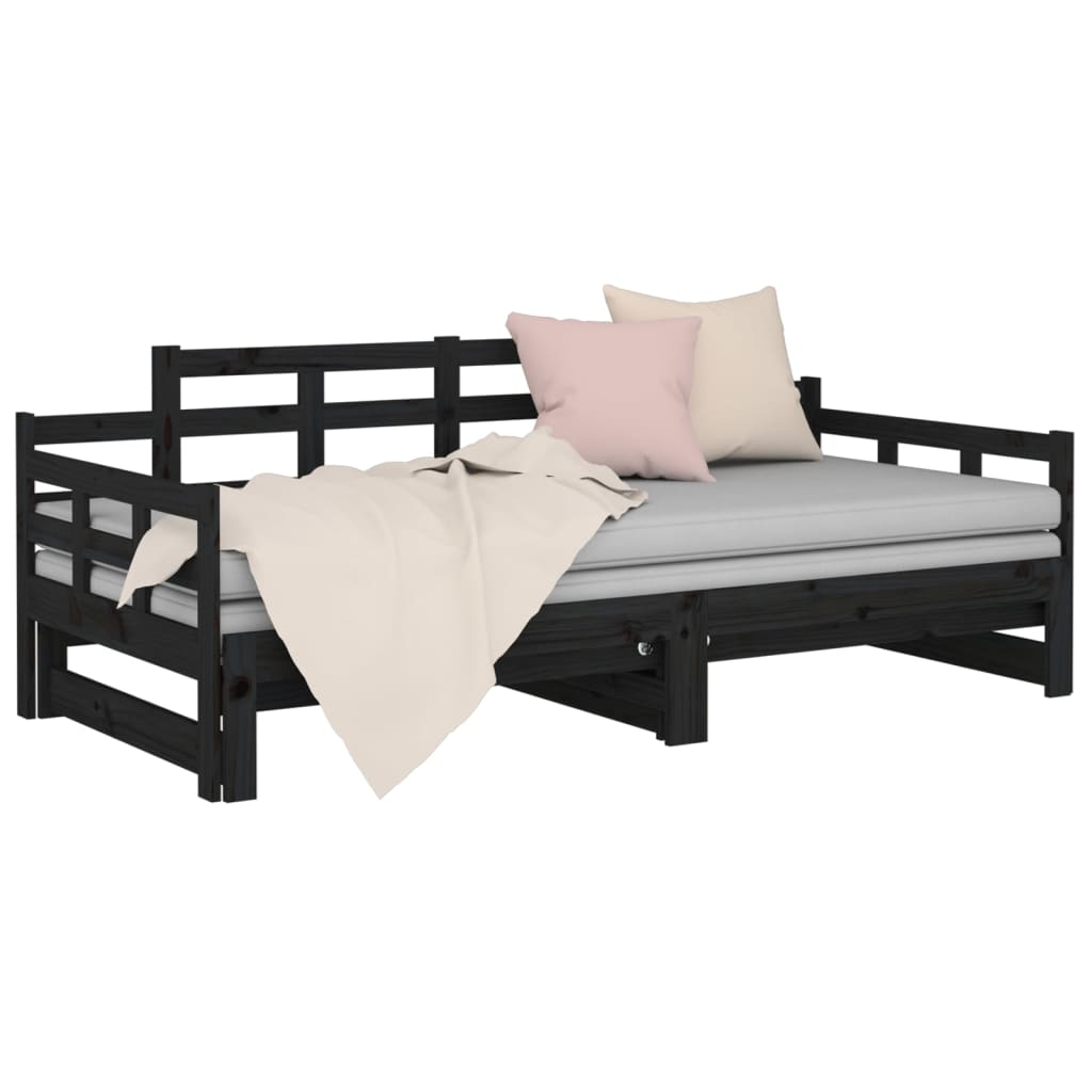 Pull-out Day Bed Black Solid Wood Pine 2x(92x187) cm Single Size