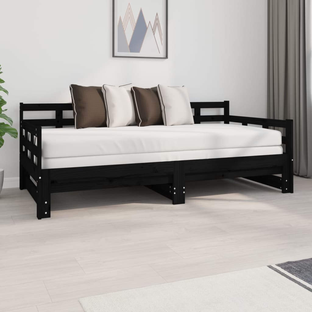 Pull-out Day Bed Black Solid Wood Pine 2x(92x187) cm Single Size