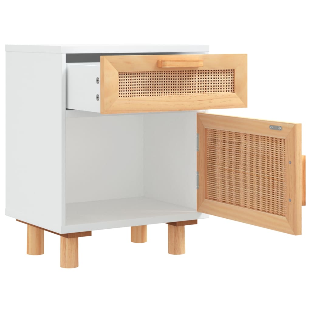 Bedside Cabinets 2 pcs White Solid Wood Pine and Natural Rattan