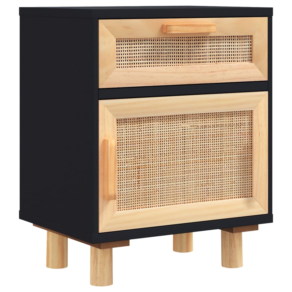 Bedside Cabinets 2 pcs Black Solid Wood Pine and Natural Rattan