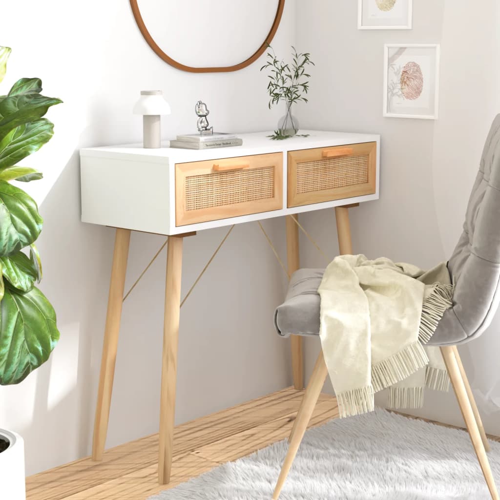 Console Table White 80x30x75 cm Solid Wood Pine&Natural Rattan