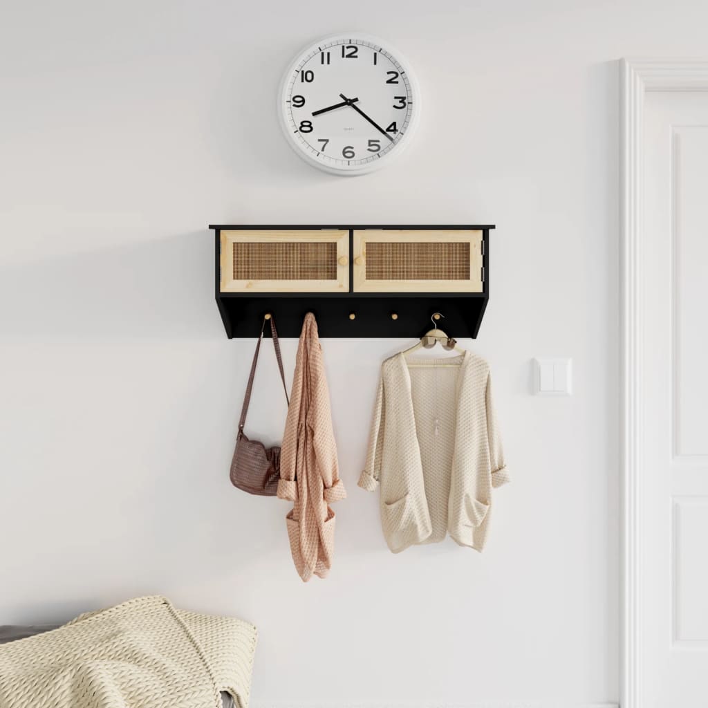 Wall-mounted Coat Rack Black Engineered Wood and Natural Rattan