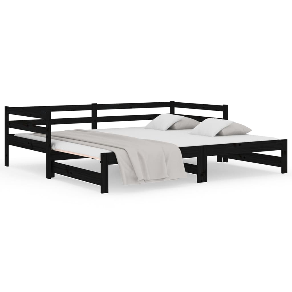 Pull-out Day Bed Black 2x(92x187) cm Single Size Solid Wood Pine