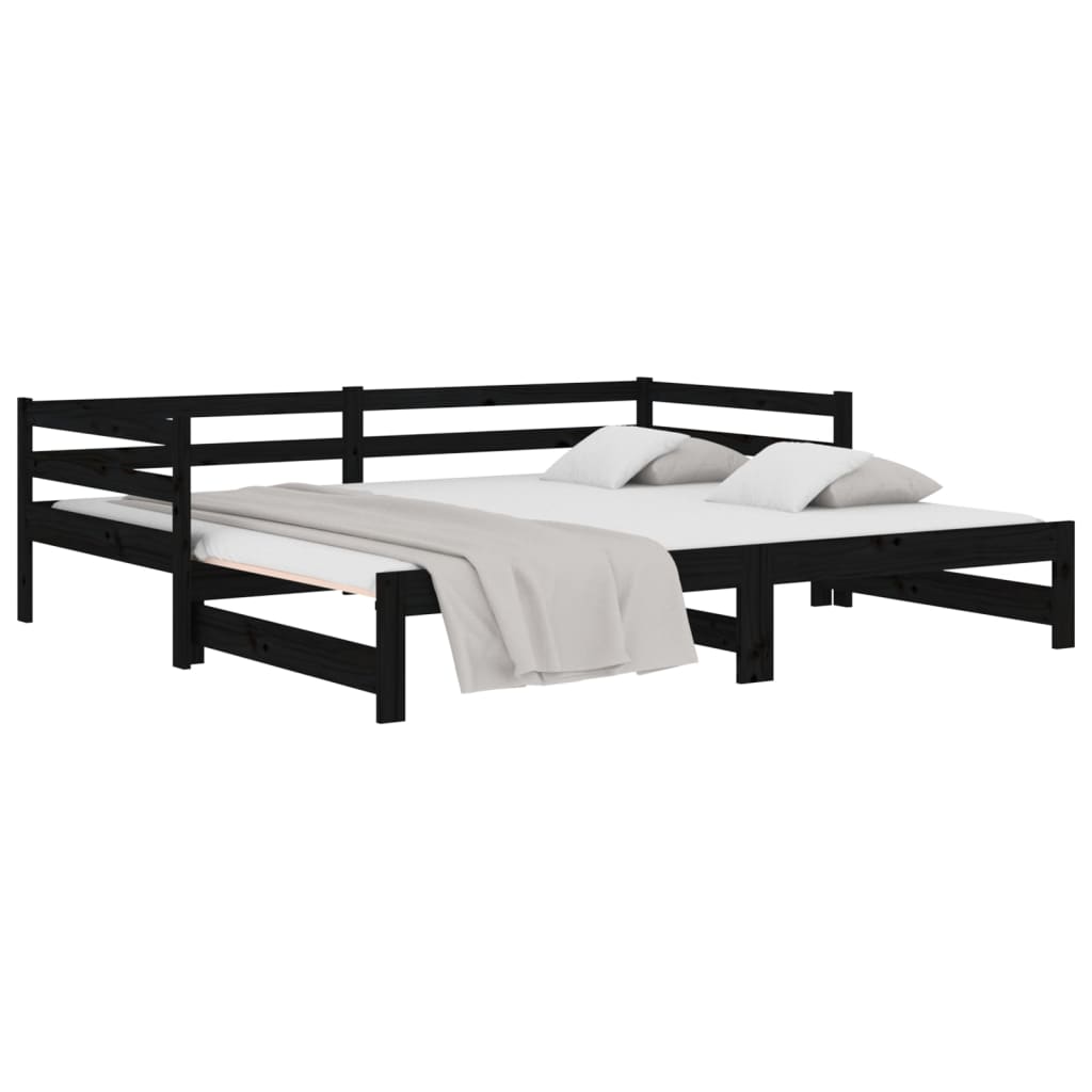 Pull-out Day Bed Black 2x(92x187) cm Single Size Solid Wood Pine