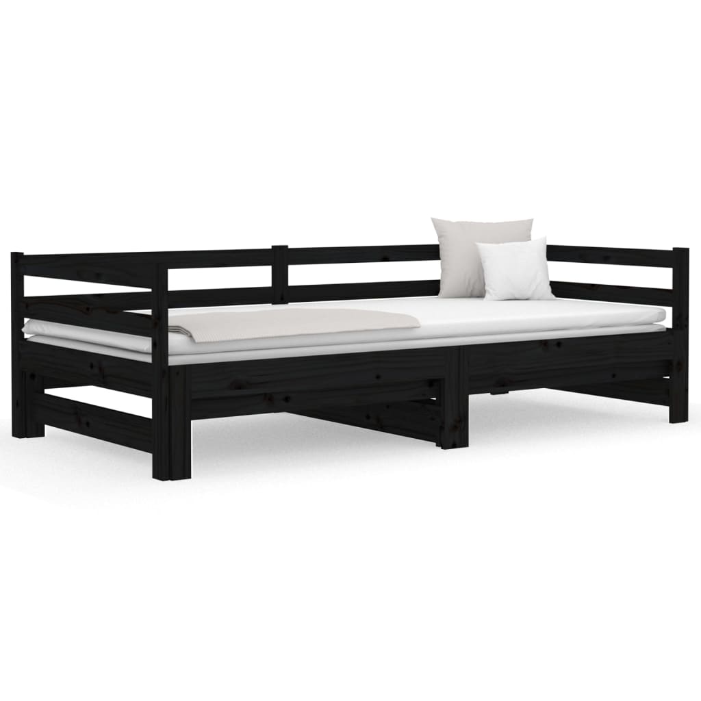 Pull-out Day Bed Black 2x(92x187) cm Single Size Solid Wood Pine