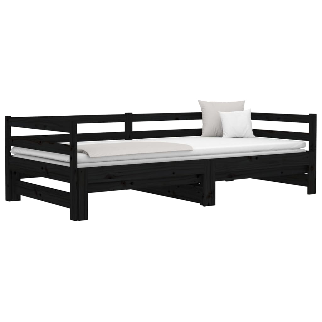 Pull-out Day Bed Black 2x(92x187) cm Single Size Solid Wood Pine