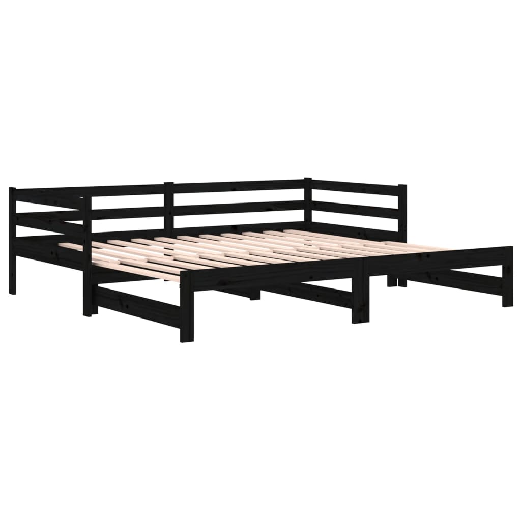 Pull-out Day Bed Black 2x(92x187) cm Single Size Solid Wood Pine