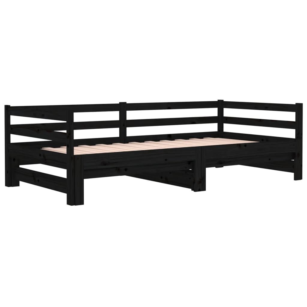 Pull-out Day Bed Black 2x(92x187) cm Single Size Solid Wood Pine