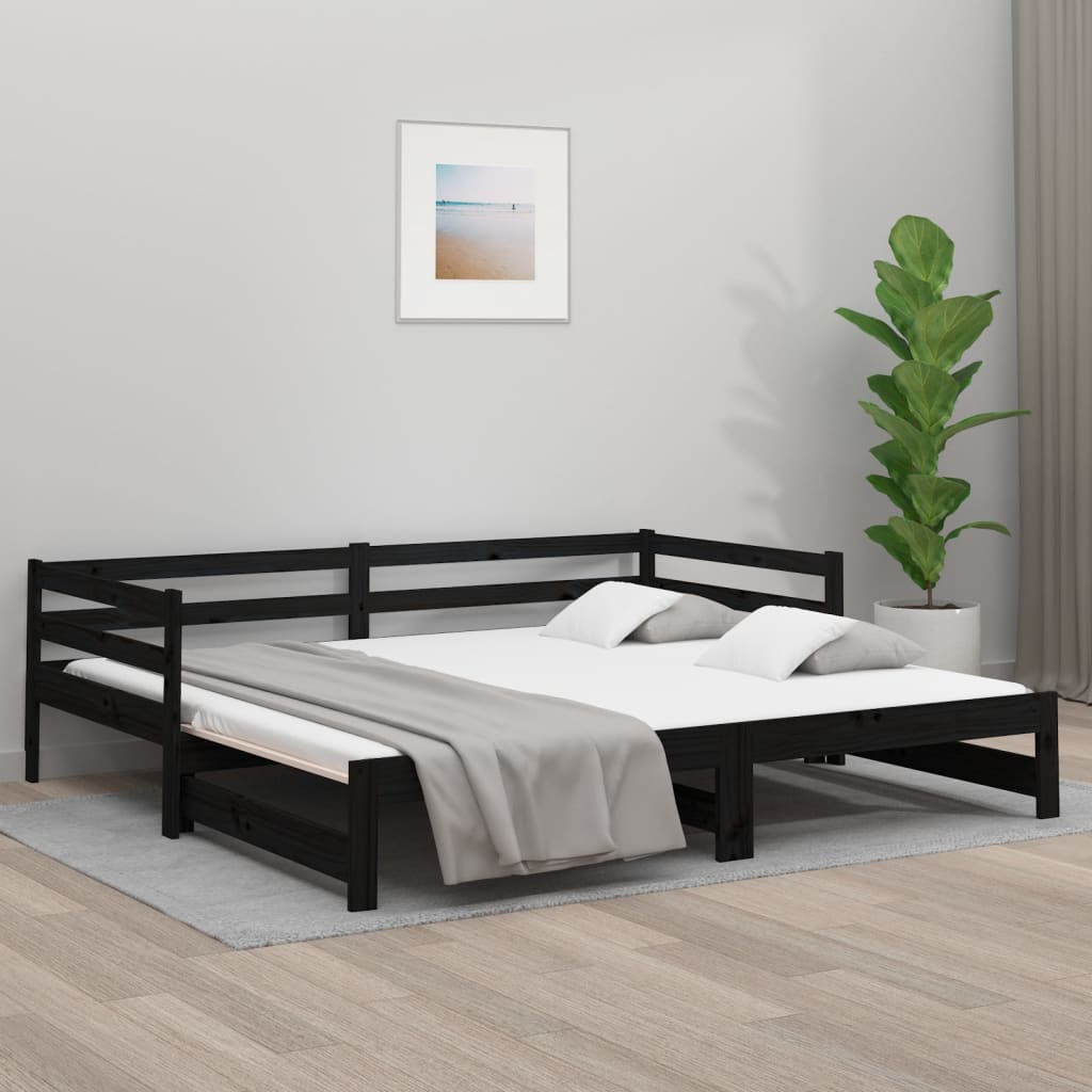 Pull-out Day Bed Black 2x(92x187) cm Single Size Solid Wood Pine