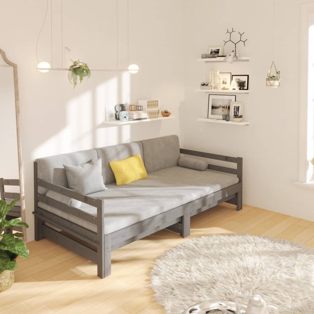 Pull-out Day Bed Grey 2x(92x187) cm Single Size Solid Wood Pine