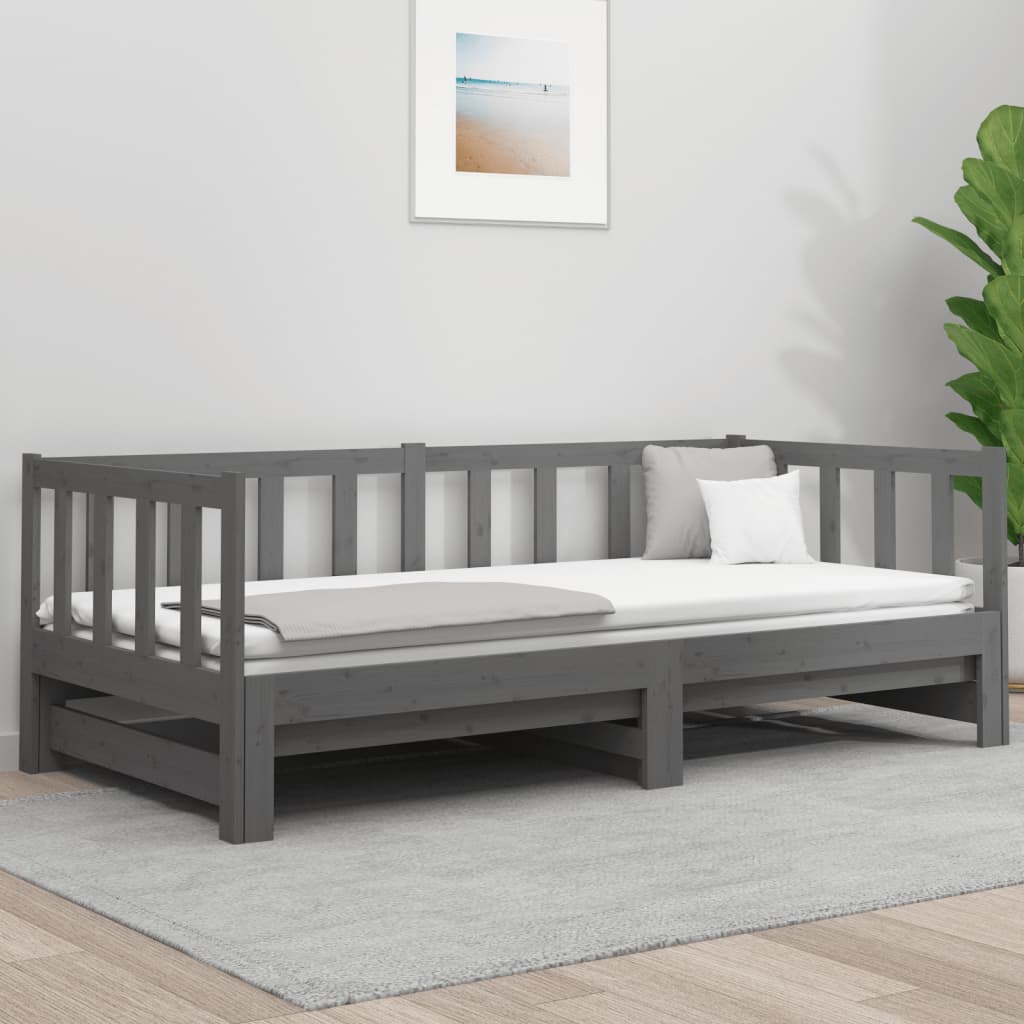 Pull-out Day Bed Grey 2x(92x187) cm Single Size Solid Wood Pine