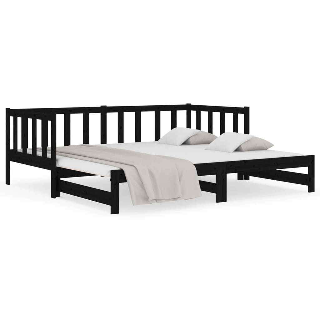 Pull-out Day Bed Black 2x(92x187) cm Single Size Solid Wood Pine