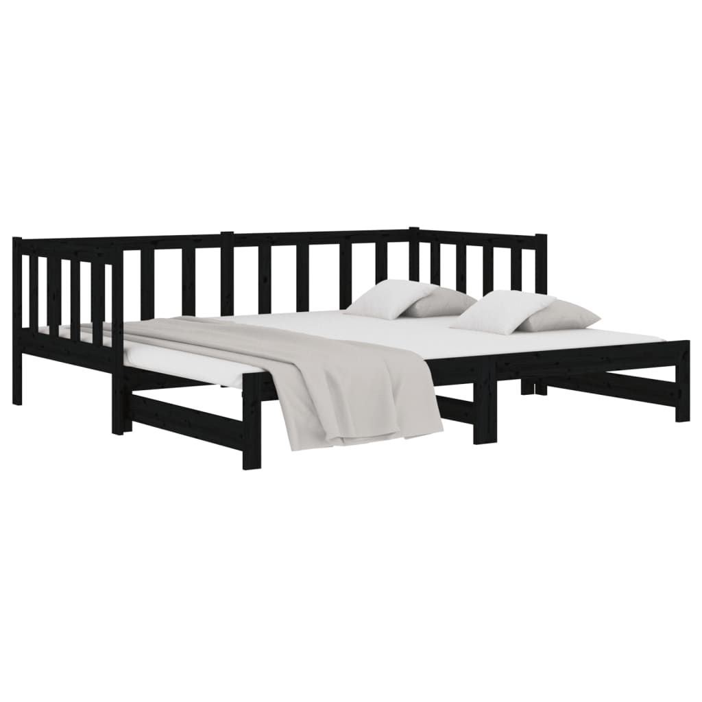 Pull-out Day Bed Black 2x(92x187) cm Single Size Solid Wood Pine