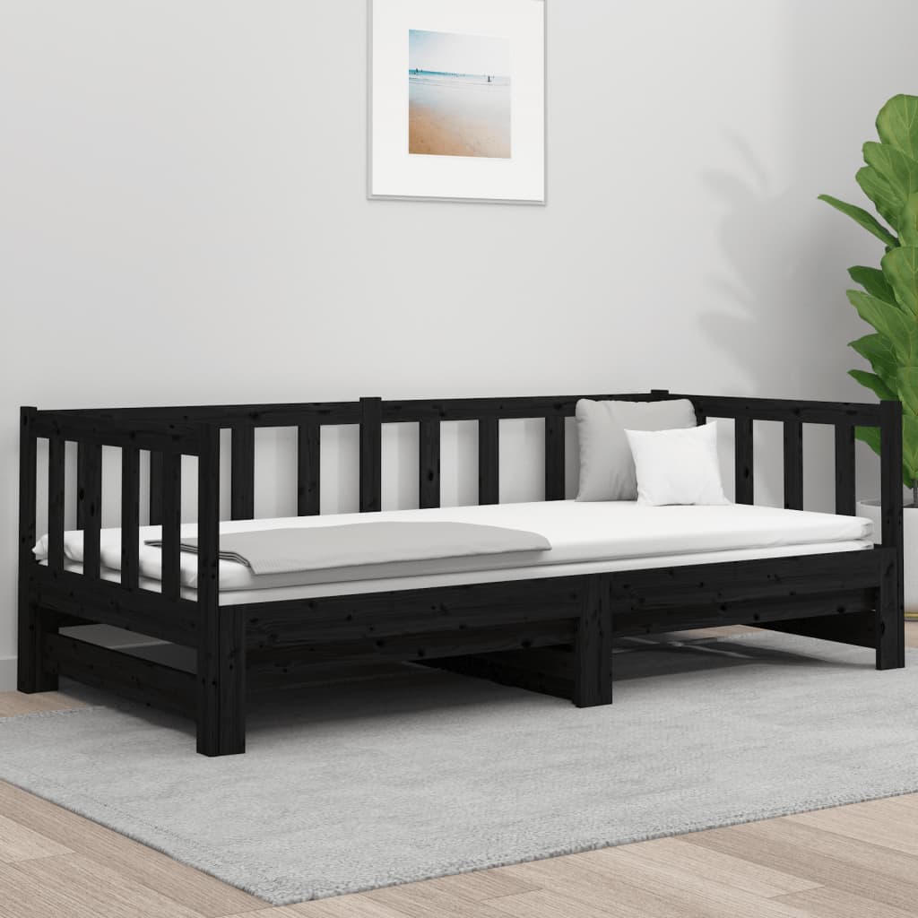 Pull-out Day Bed Black 2x(92x187) cm Single Size Solid Wood Pine