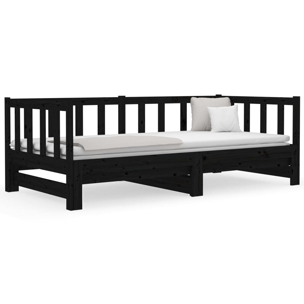 Pull-out Day Bed Black 2x(92x187) cm Single Size Solid Wood Pine