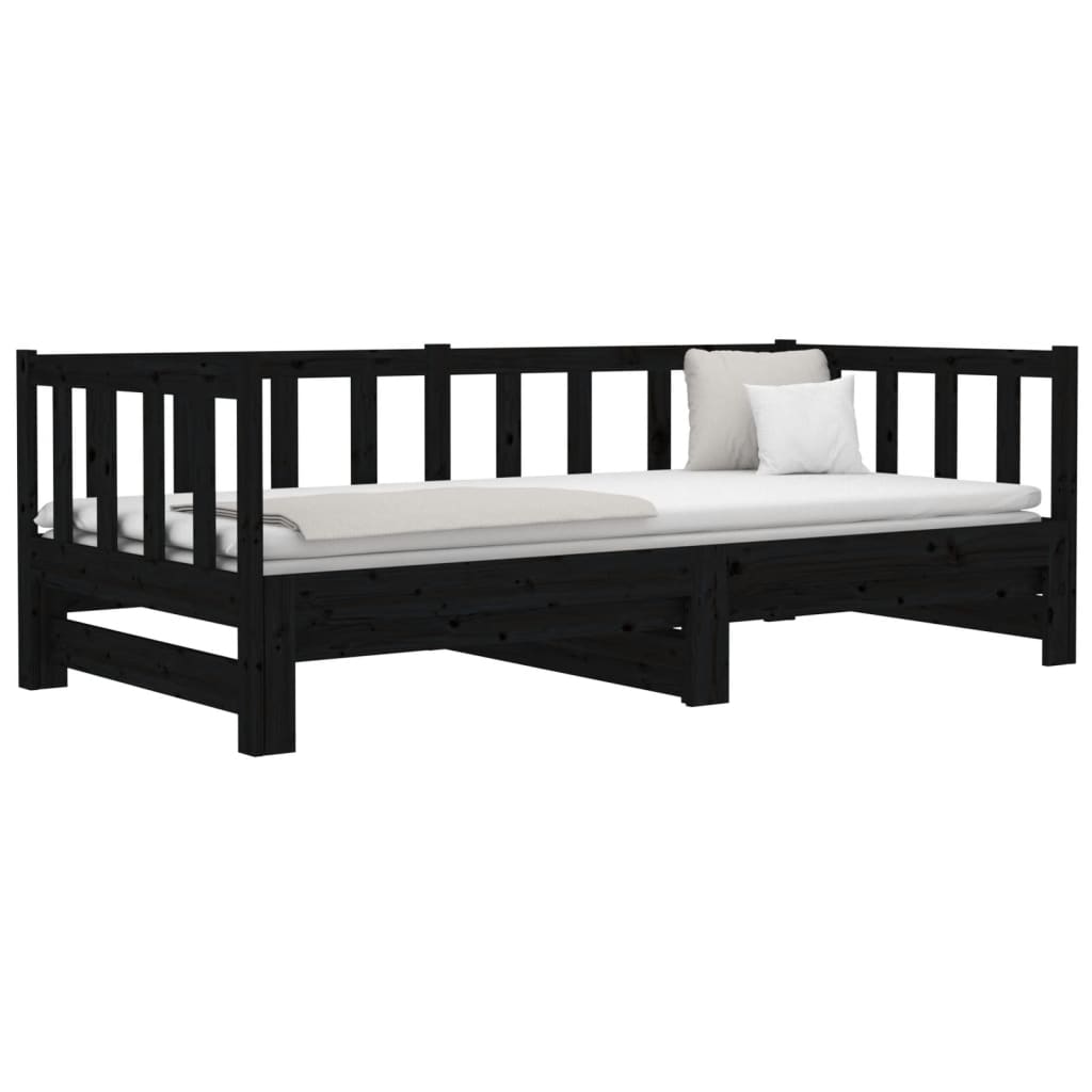 Pull-out Day Bed Black 2x(92x187) cm Single Size Solid Wood Pine