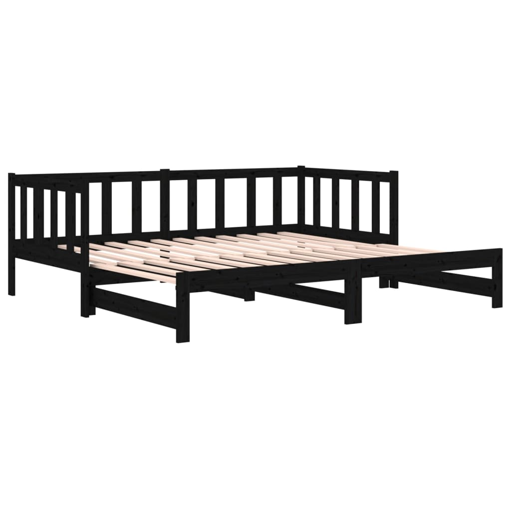 Pull-out Day Bed Black 2x(92x187) cm Single Size Solid Wood Pine