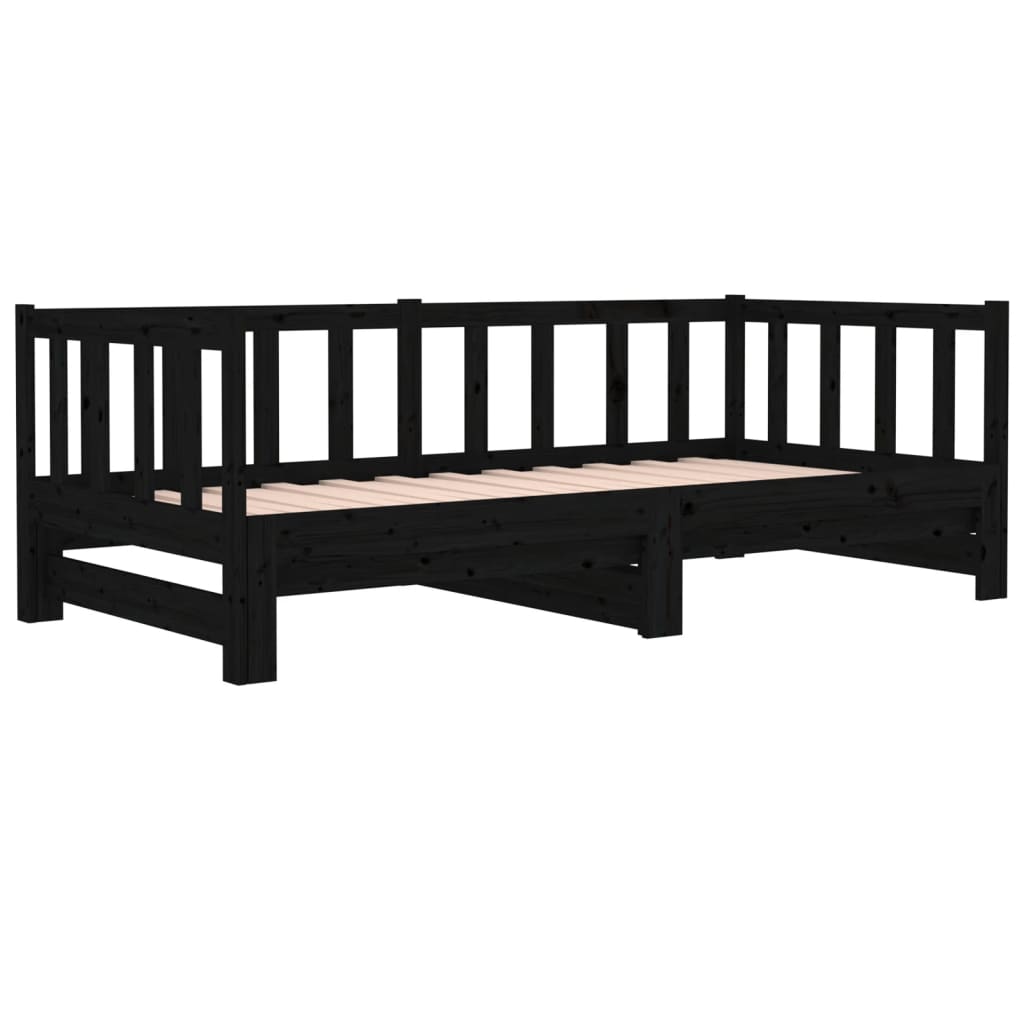 Pull-out Day Bed Black 2x(92x187) cm Single Size Solid Wood Pine