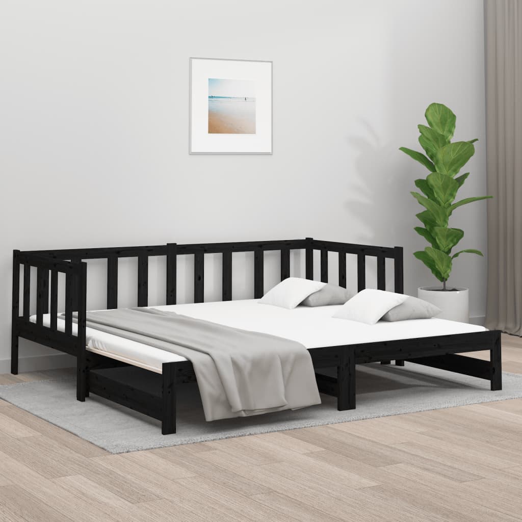 Pull-out Day Bed Black 2x(92x187) cm Single Size Solid Wood Pine