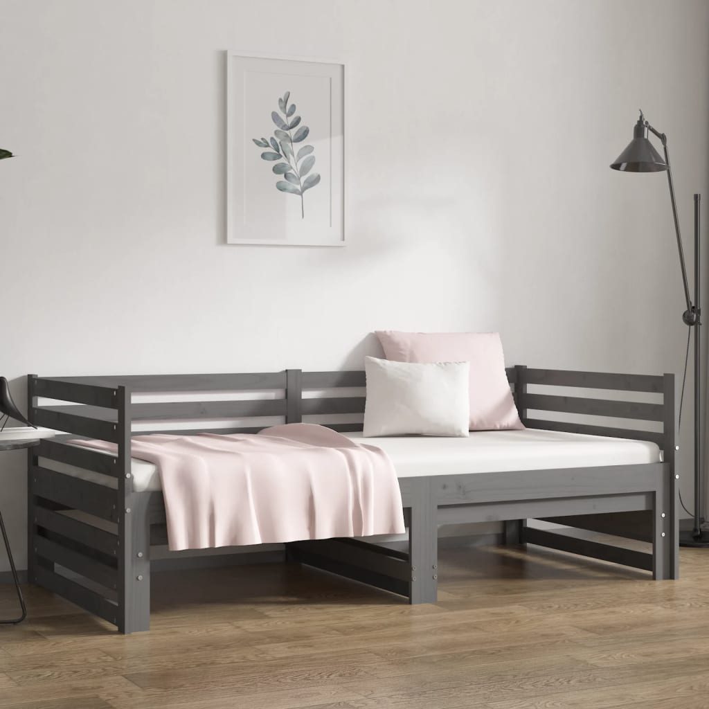 Pull-out Day Bed Grey 2x(92x187) cm Single Size Solid Wood Pine