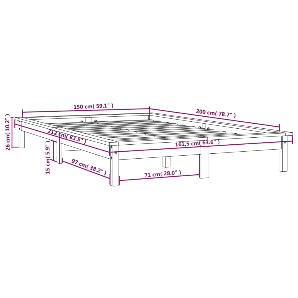 Bed Frame Black 153x203 cm Solid Wood Pine Queen Size