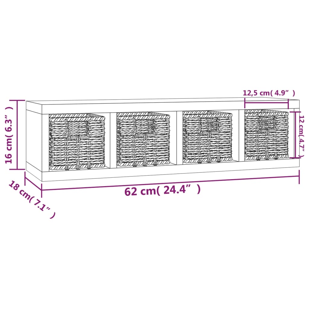 Wall Shelf with Baskets 62x18x16 cm Solid Wood Walnut