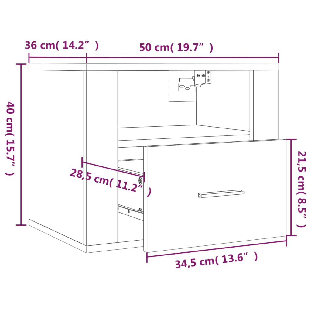 Wall-mounted Bedside Cabinet High Gloss White 50x36x40 cm