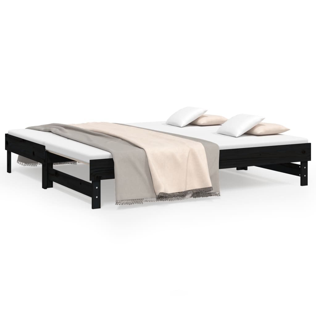 Pull-out Day Bed Black 2x(92x187) cm Single Size Solid Wood Pine