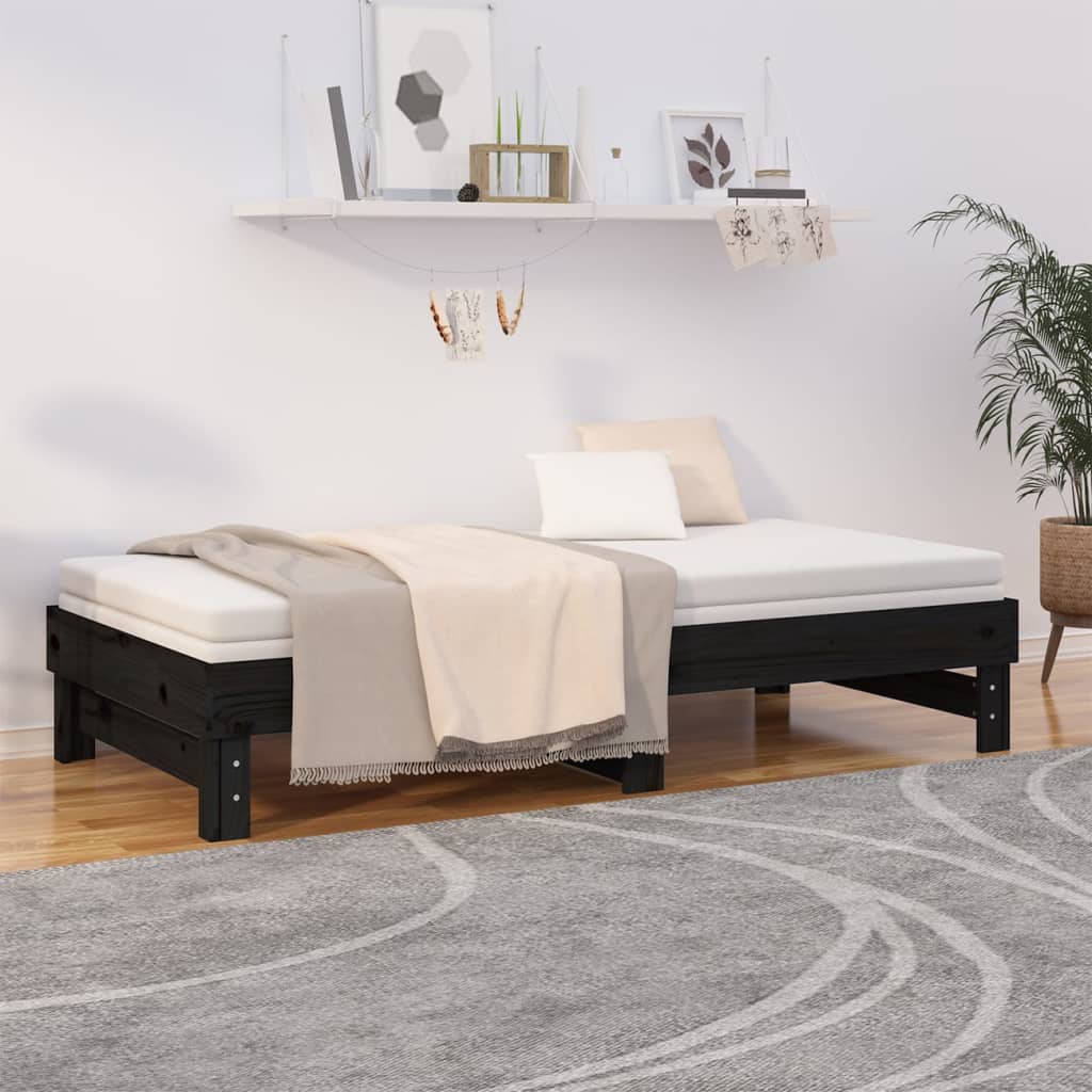 Pull-out Day Bed Black 2x(92x187) cm Single Size Solid Wood Pine