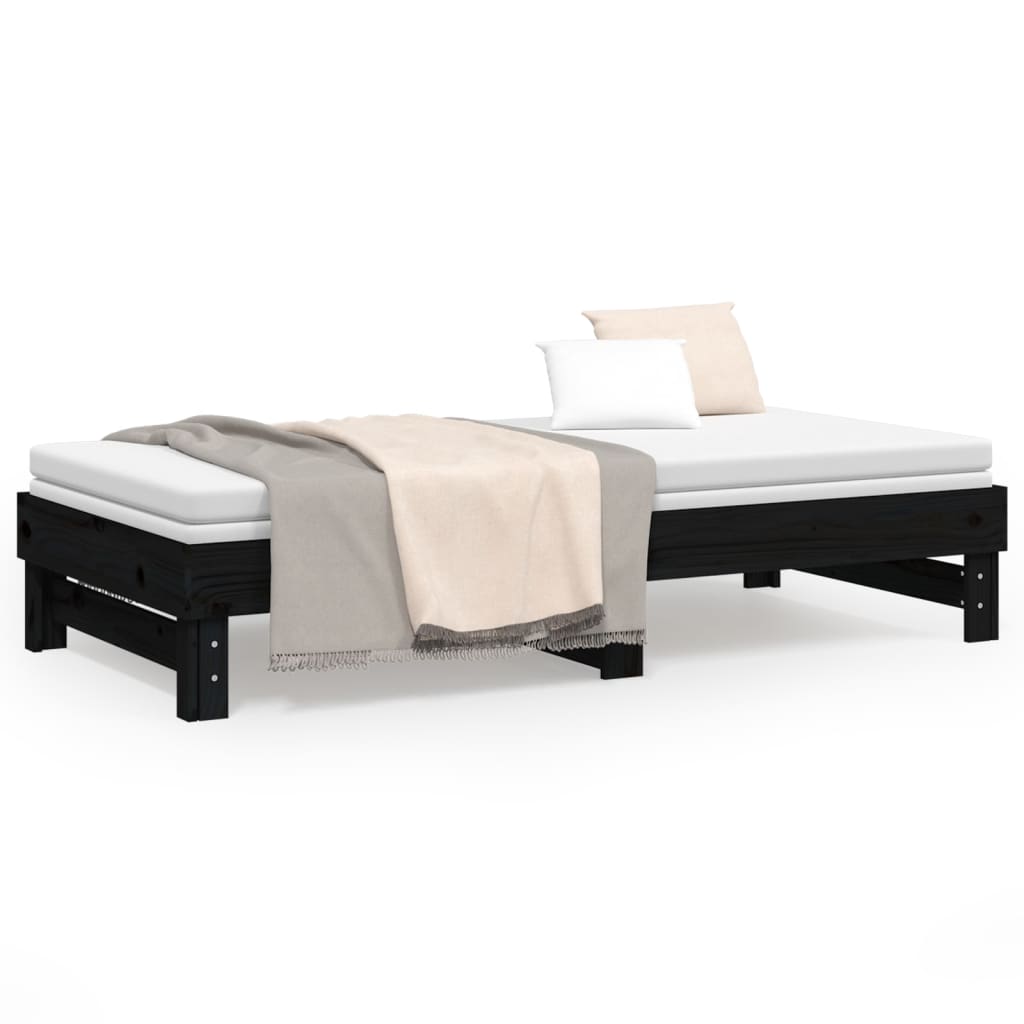 Pull-out Day Bed Black 2x(92x187) cm Single Size Solid Wood Pine