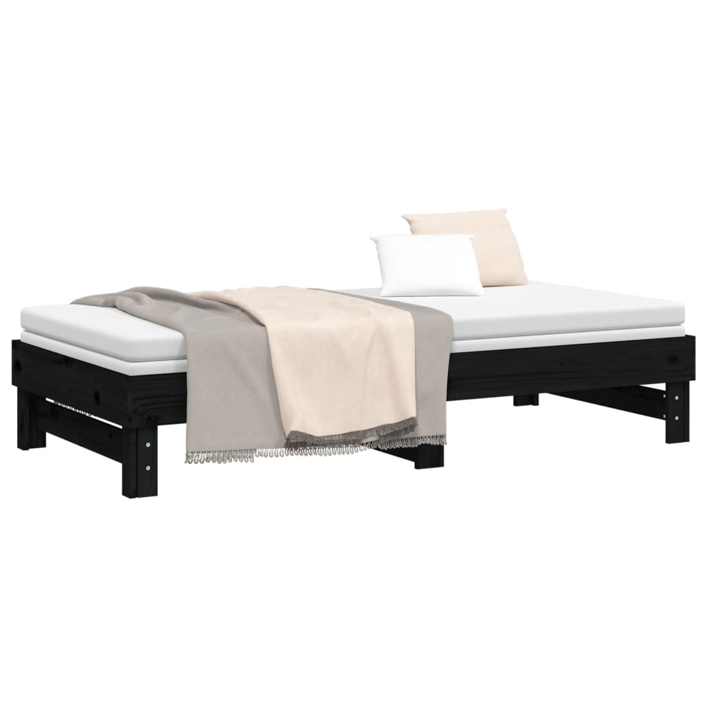 Pull-out Day Bed Black 2x(92x187) cm Single Size Solid Wood Pine