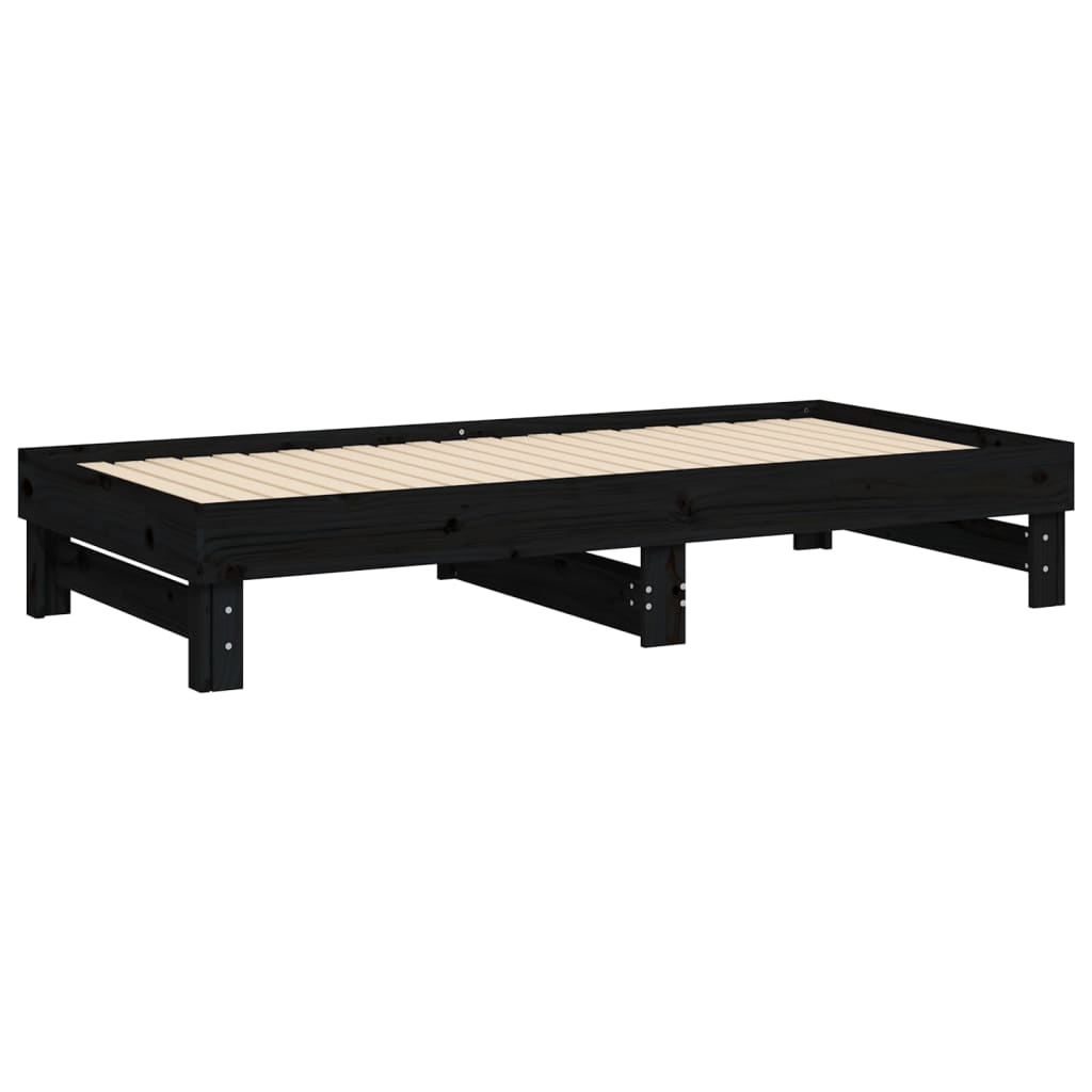 Pull-out Day Bed Black 2x(92x187) cm Single Size Solid Wood Pine