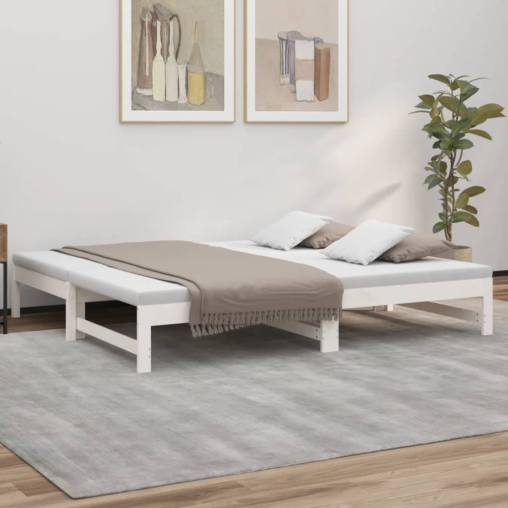 Pull-out Day Bed White 2x(92x187) cm Single Size Solid Wood Pine