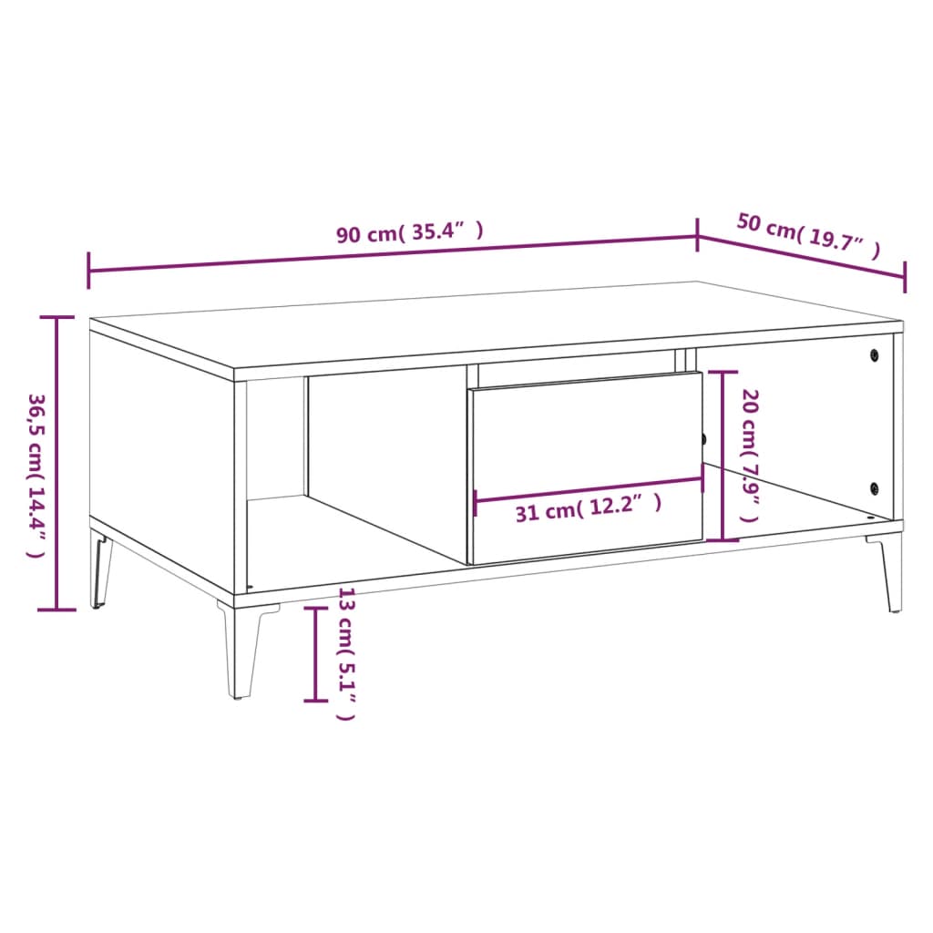 Coffee Table High Gloss White 90x50x36.5 cm Engineered Wood