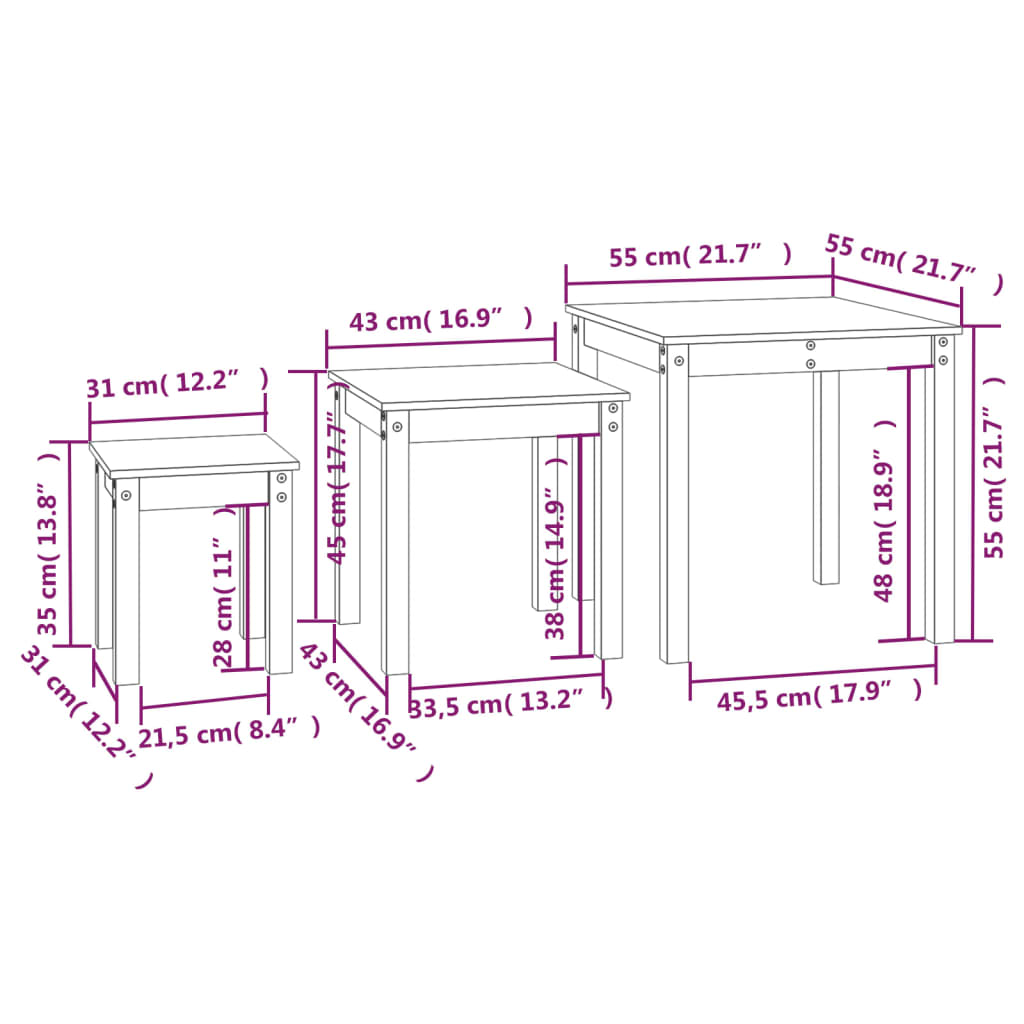 Nesting Tables 3 pcs Solid Wood Pine