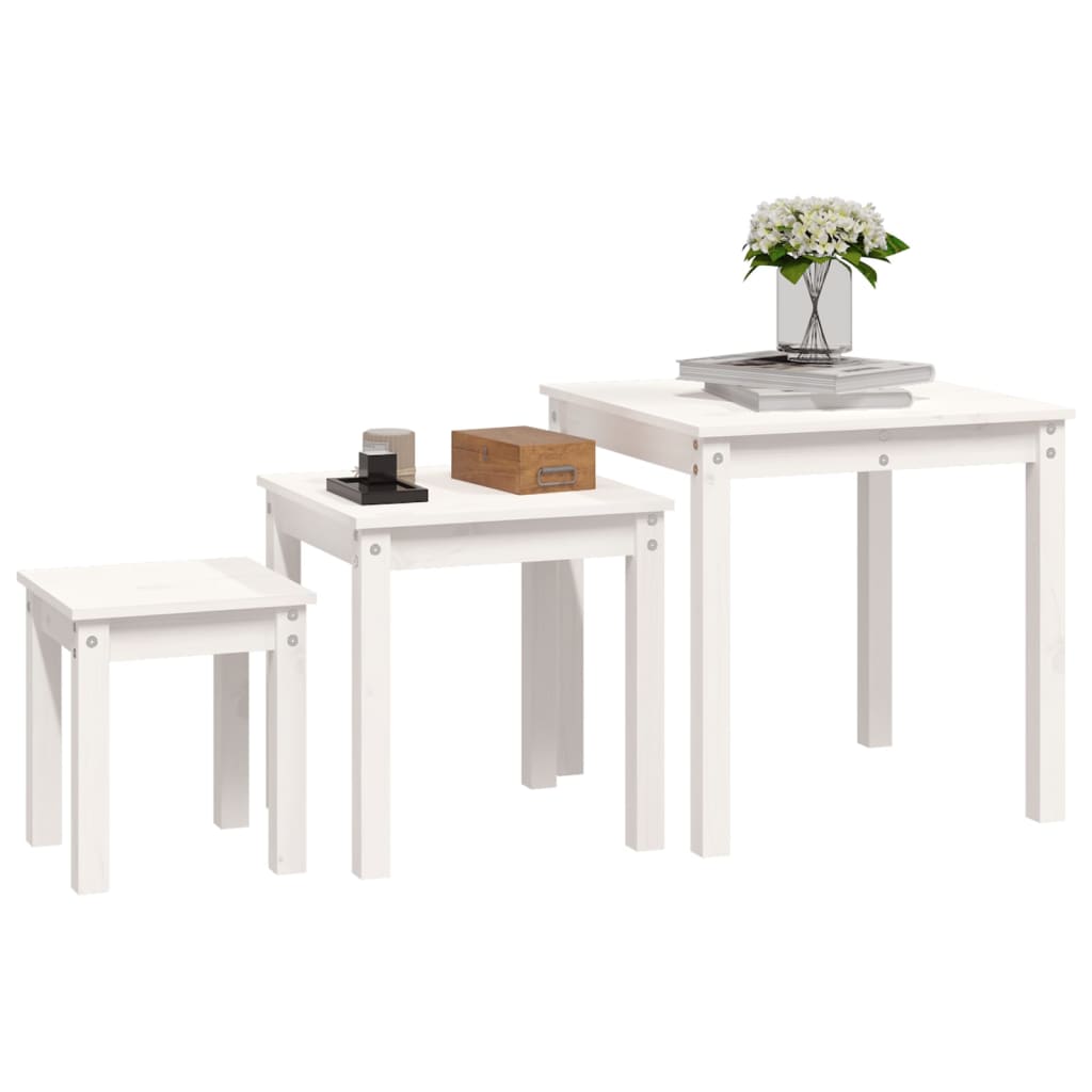 Nesting Tables 3 pcs White Solid Wood Pine