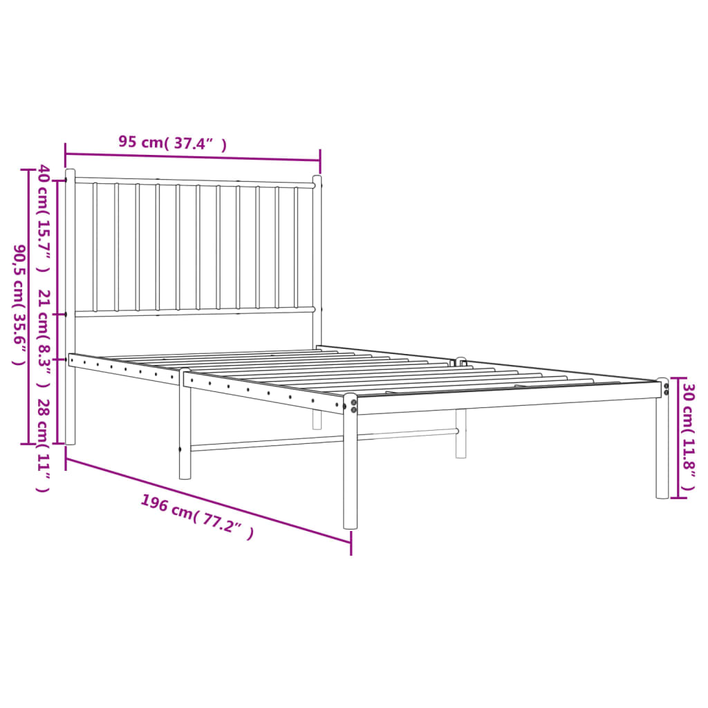 Metal Bed Frame with Headboard Black 92x187 cm Single