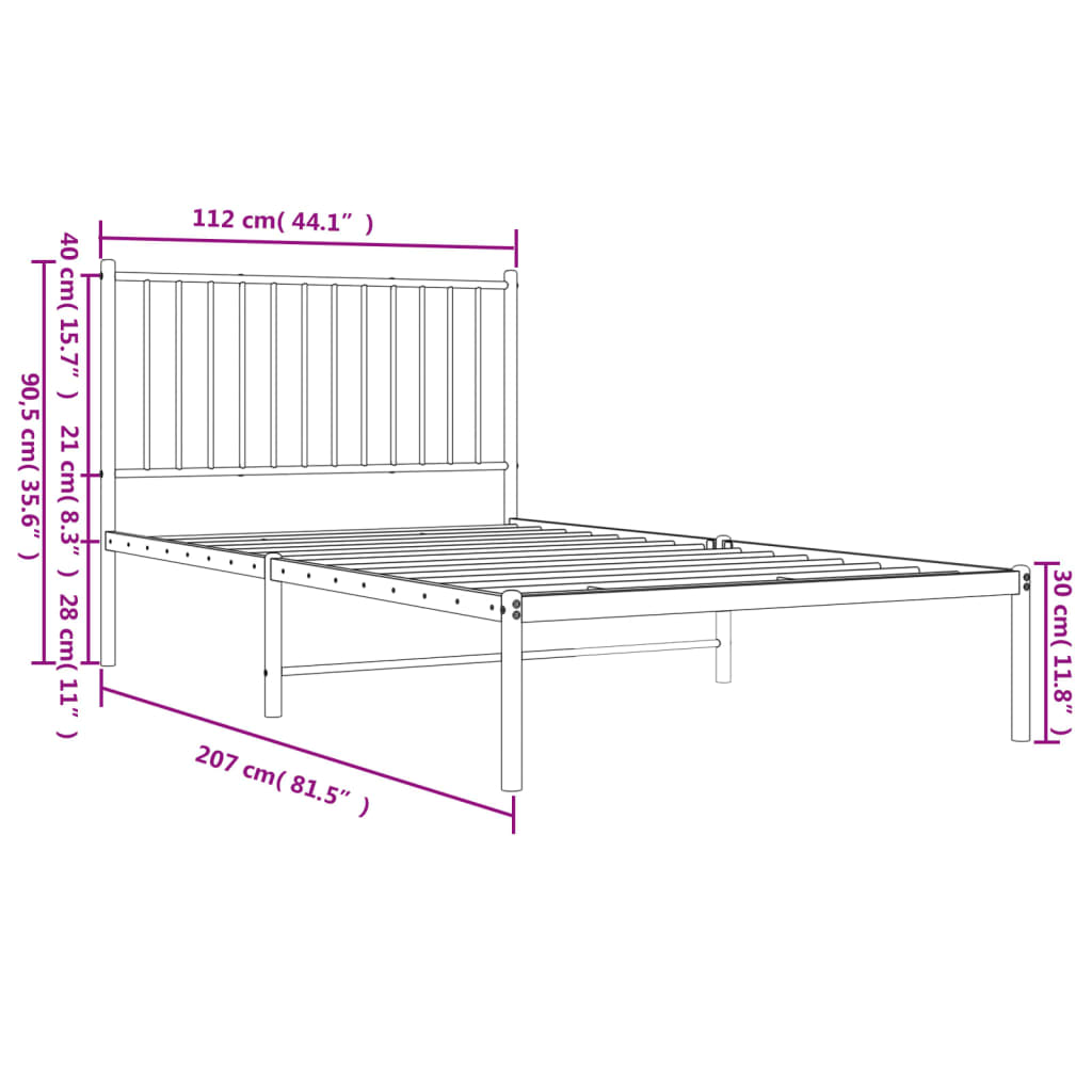 Metal Bed Frame with Headboard Black 107x203 cm