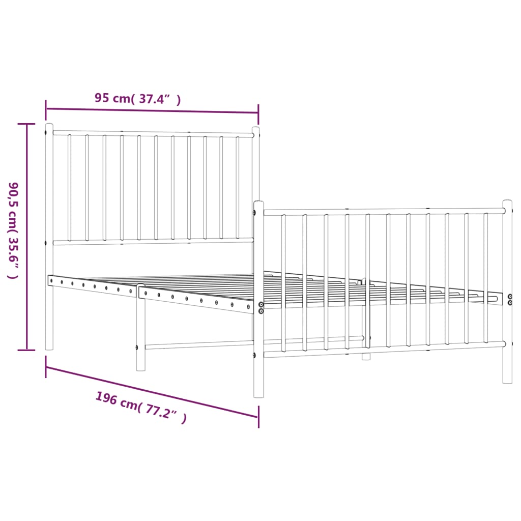 Metal Bed Frame with Headboard and Footboard Black 92x187 cm Single Size