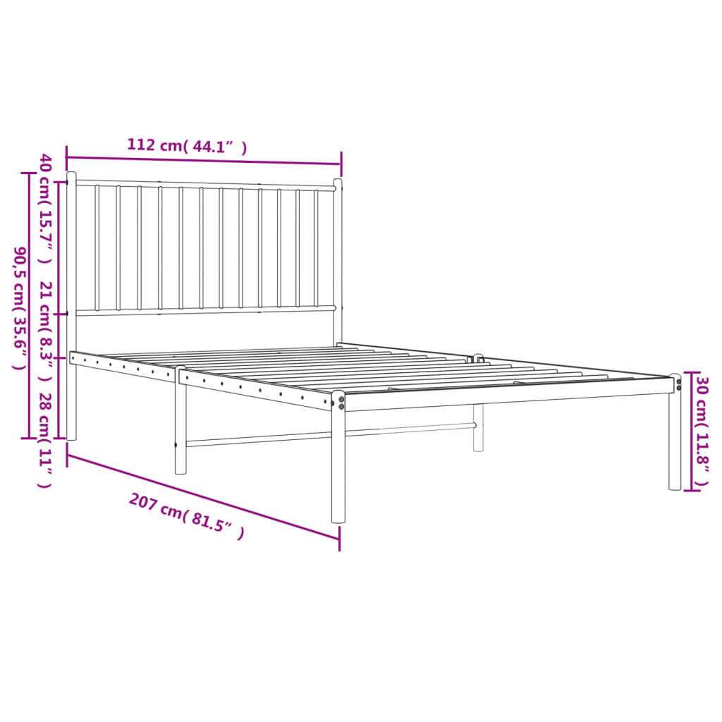 Metal Bed Frame with Headboard White 107x203 cm