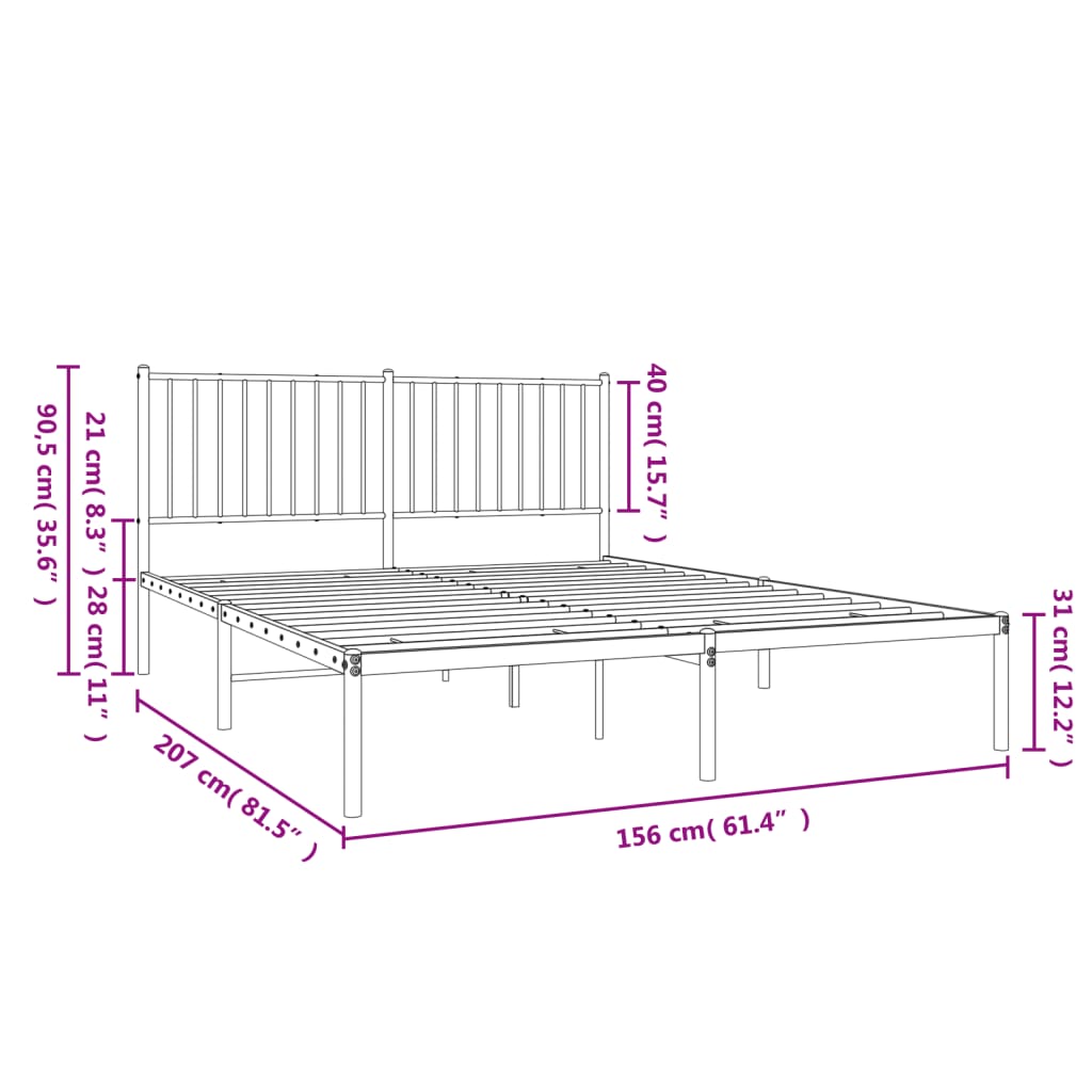 Metal Bed Frame with Headboard White 153x203 cm Queen Size