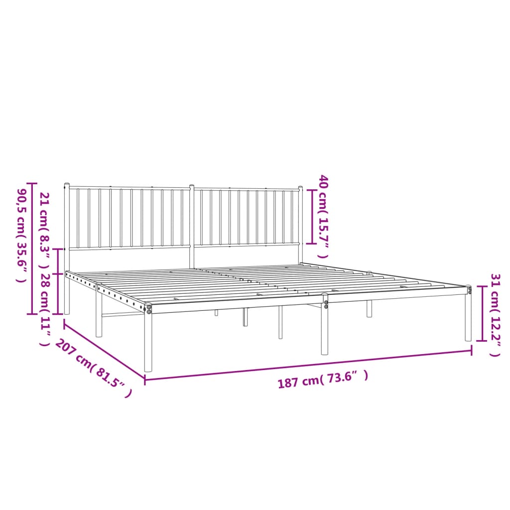 Metal Bed Frame with Headboard White 183x203 cm King Size