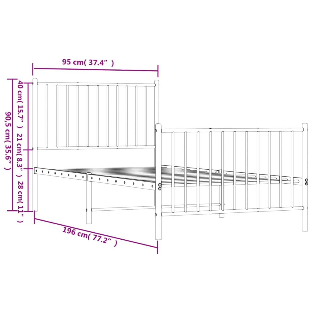 Metal Bed Frame with Headboard and Footboard White 92x187 cm Single Size