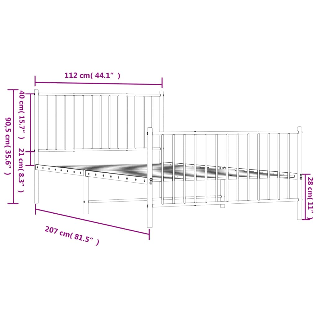 Metal Bed Frame with Headboard and Footboard White 107x203 cm