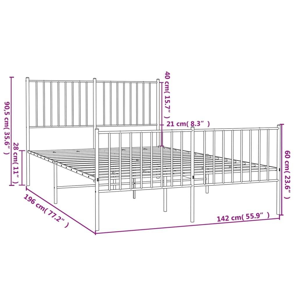 Metal Bed Frame with Headboard and Footboard White 137x187 cm Double