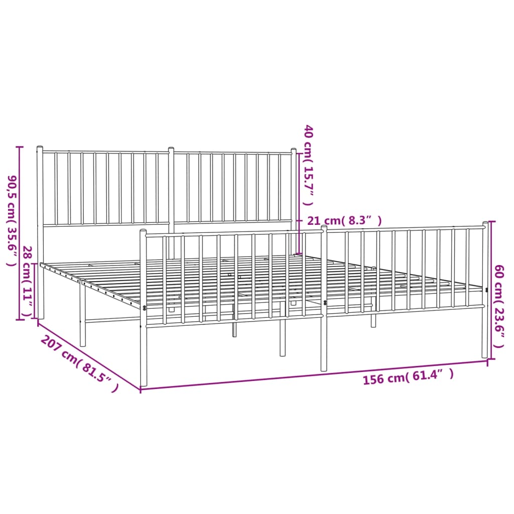 Metal Bed Frame with Headboard and Footboard White 153x203 cm Queen