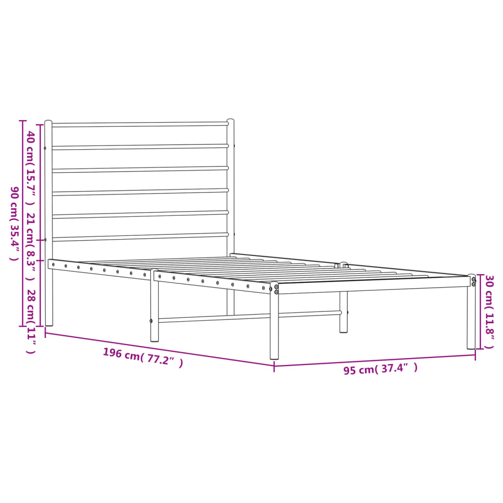 Metal Bed Frame with Headboard Black 92x187 cm Single Size